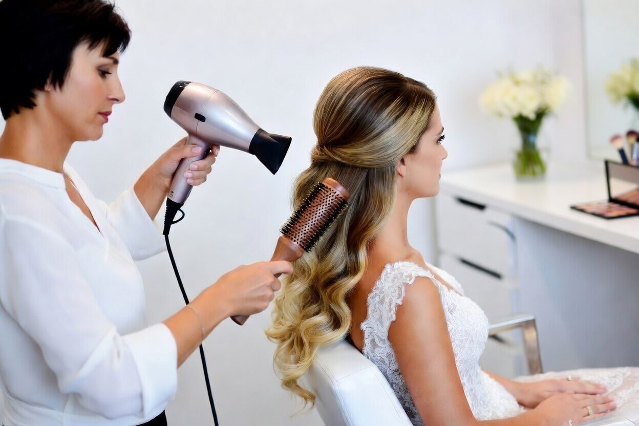 Erfolgreiche Stylistin beim Brautstyling